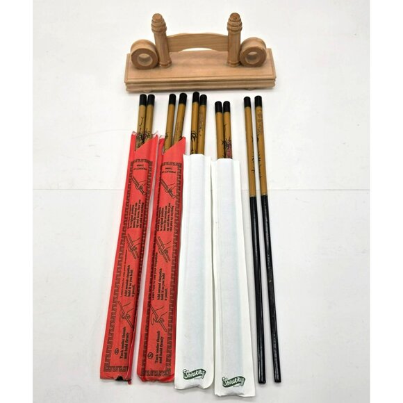 Set Of 5 Bamboo Chopsticks With Wooden Rest Holder je180 - Picture 2 of 10